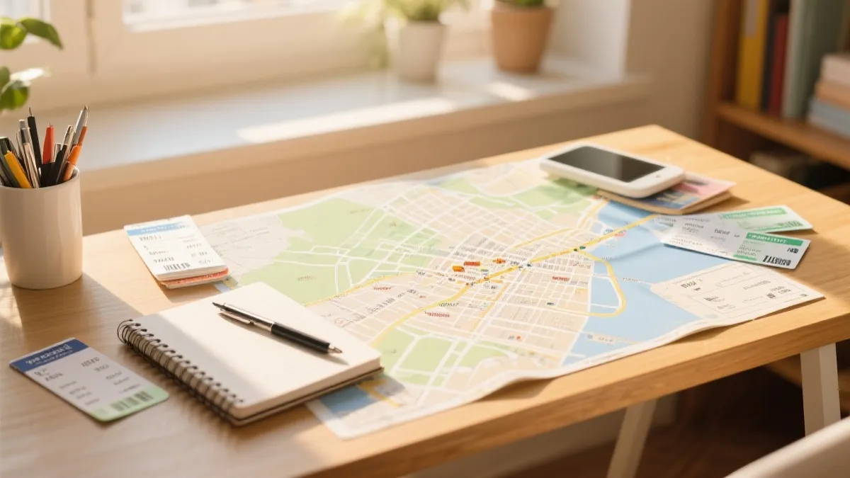 旅行规划桌面：地图、车票与笔记本，体现预算与行程安排的秩序感