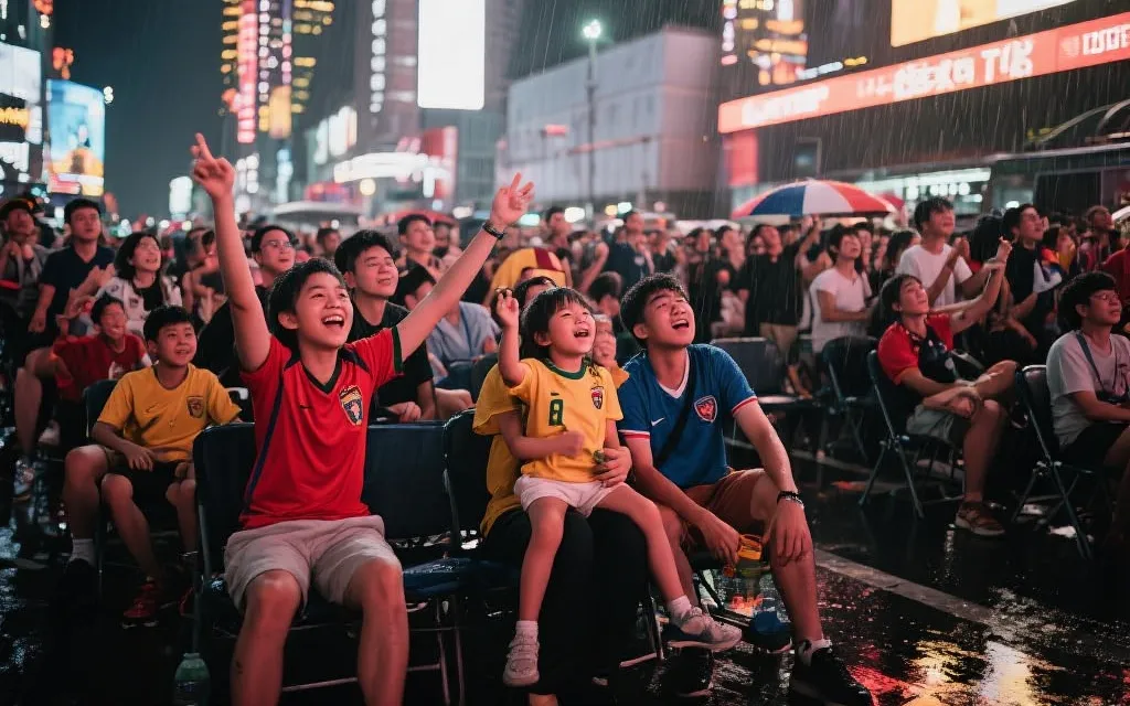 城市街头球迷聚集观赛的夜晚，家庭与年轻人一起呐喊